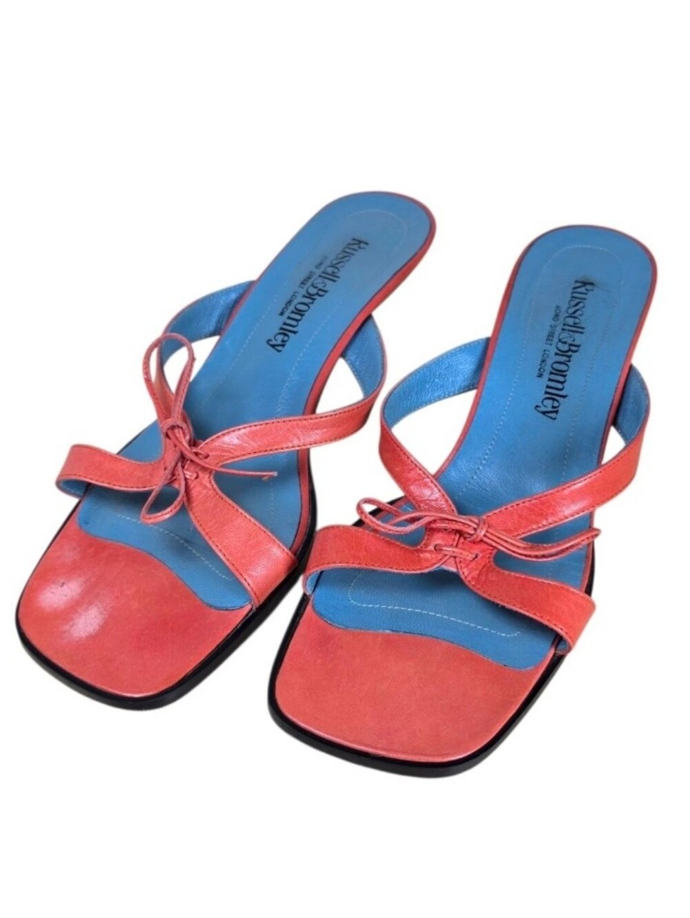 Russell & Bromley Coral Kitten Heels Square Toe Leather Sandals Sz 39 Coquette